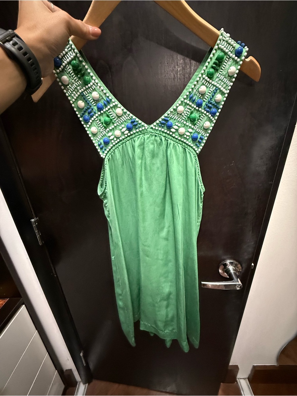 BCBGMaxAzria Emerald Green Beaded V-Neck Mini Dress